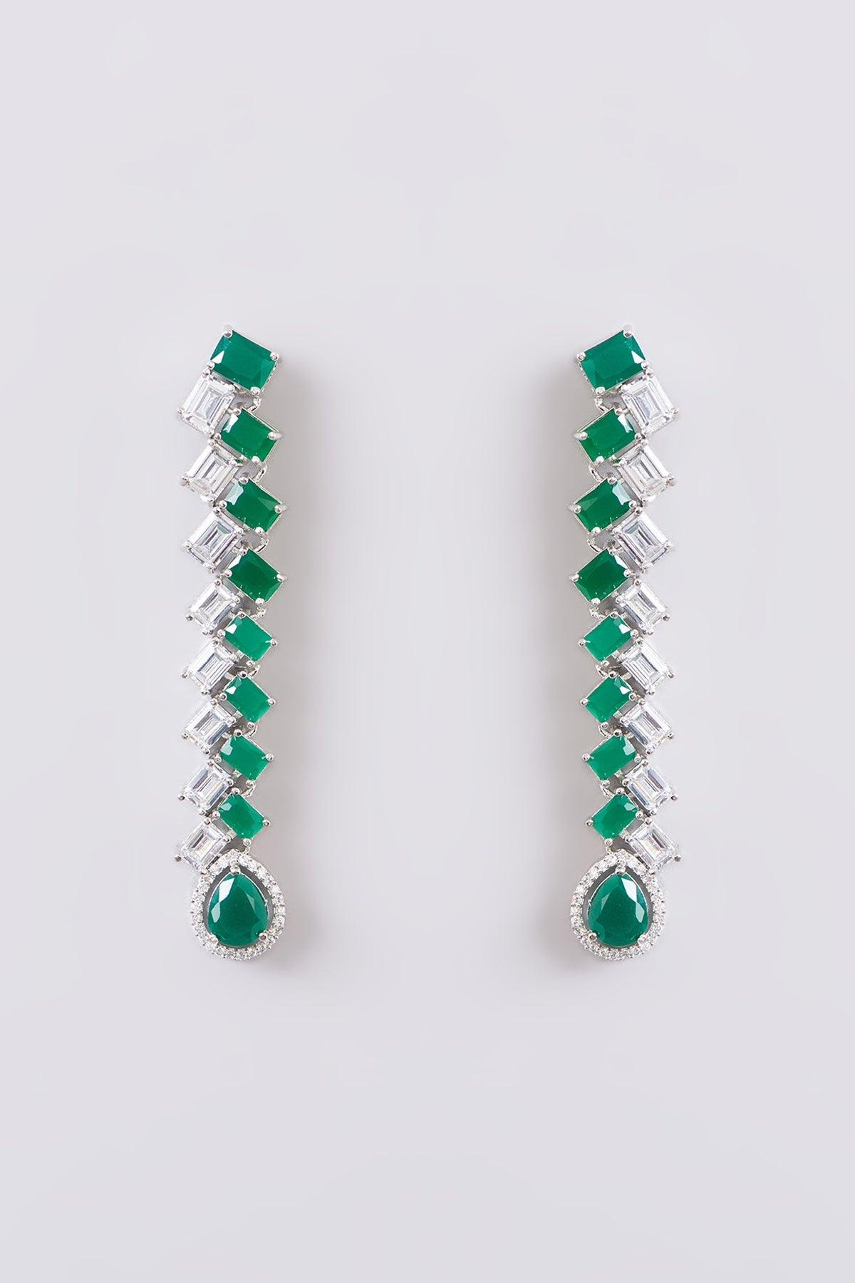 White Finish Faux Diamond & Green Stone Dangler Earrings