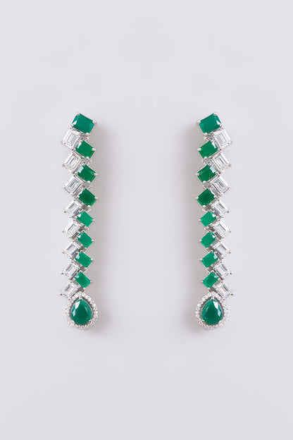 White Finish Faux Diamond & Green Stone Dangler Earrings