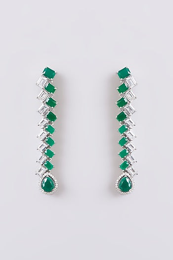 White Finish Faux Diamond & Green Stone Dangler Earrings