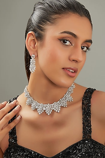 White Finish Faux Diamond Necklace Set