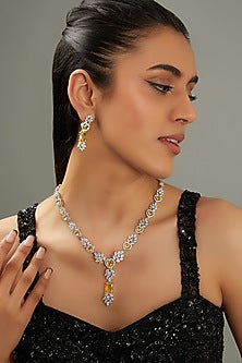 White Finish Faux Diamond & Yellow Stone Necklace Set
