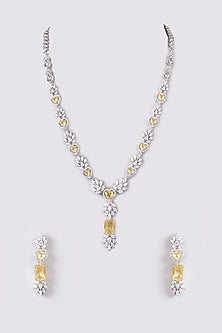 White Finish Faux Diamond & Yellow Stone Necklace Set