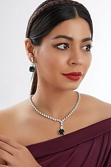 White Finish Faux Diamond & Green Stone Necklace Set