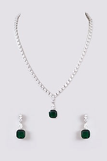 White Finish Faux Diamond & Green Stone Necklace Set