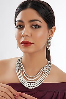 White Finish Faux Diamond & Pearl Layered Necklace Set