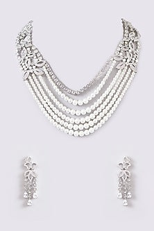 White Finish Faux Diamond & Pearl Layered Necklace Set