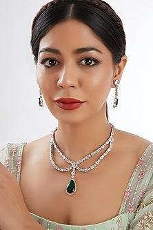 White Finish Faux Diamond & Green Stone Layered Necklace Set