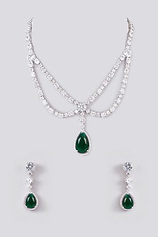 White Finish Faux Diamond & Green Stone Layered Necklace Set