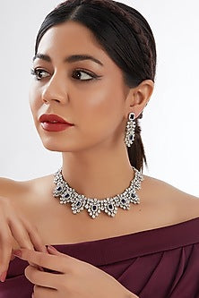 White Finish Faux Diamond & Blue Stone Necklace Set