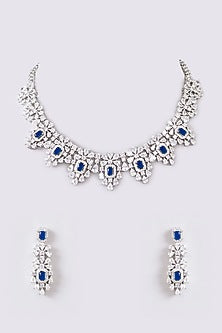 White Finish Faux Diamond & Blue Stone Necklace Set