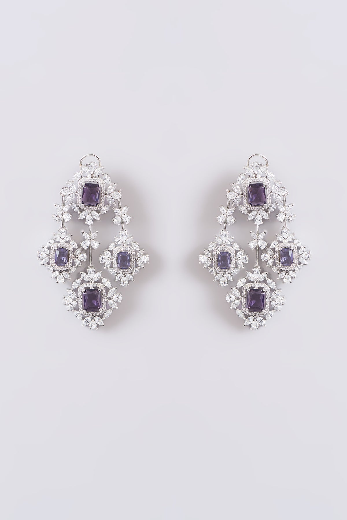 White Finish Faux Diamond & Purple Stone Dangler Earrings