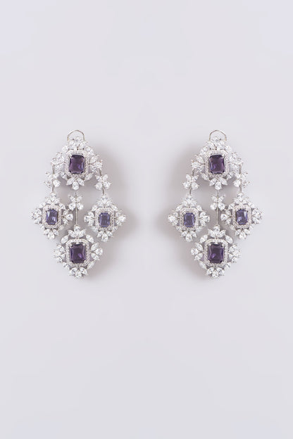 White Finish Faux Diamond & Purple Stone Dangler Earrings