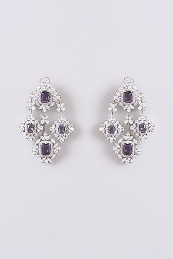 White Finish Faux Diamond & Purple Stone Dangler Earrings