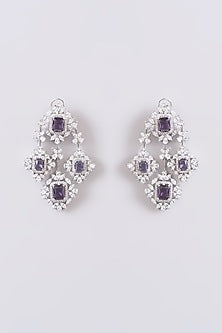 White Finish Faux Diamond & Purple Stone Dangler Earrings
