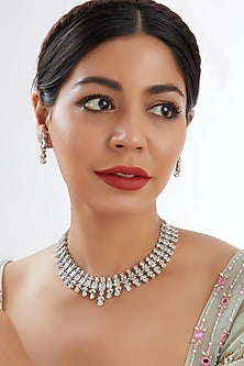 White Finish Faux Diamond Necklace Set