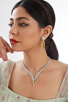 White Finish Faux Diamond & Yellow Stone Necklace Set