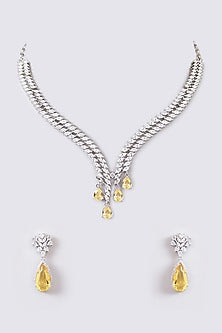 White Finish Faux Diamond & Yellow Stone Necklace Set