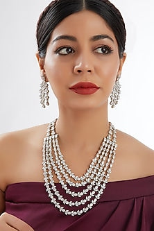 White Finish Faux Diamond Layered Necklace Set