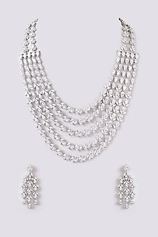 White Finish Faux Diamond Layered Necklace Set