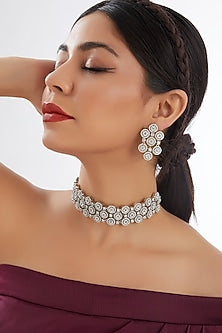 White Finish Faux Diamond Choker Necklace Set