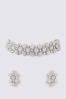 White Finish Faux Diamond Choker Necklace Set