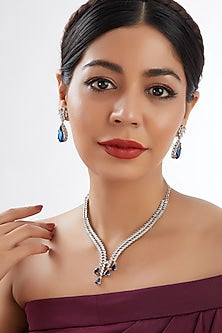 White Finish Faux Diamond & Blue Stone Necklace Set