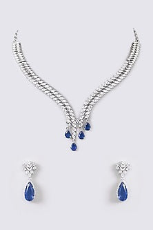 White Finish Faux Diamond & Blue Stone Necklace Set