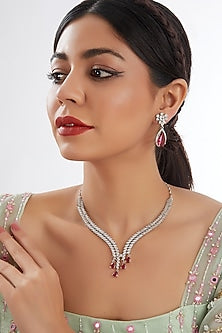 White Finish Faux Diamond & Pink Stone Necklace Set