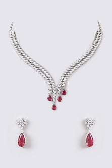 White Finish Faux Diamond & Pink Stone Necklace Set