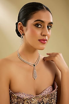 White Finish Diamond & Green Stone Pendant Necklace Set