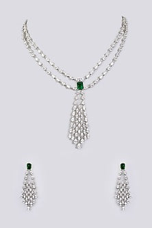 White Finish Diamond & Green Stone Pendant Necklace Set