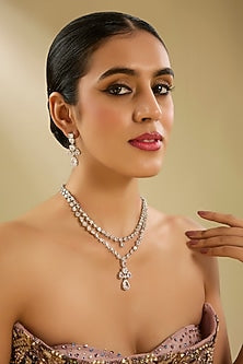 White Finish Diamond Layered Pendant Necklace Set