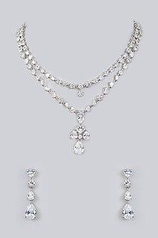 White Finish Diamond Layered Pendant Necklace Set