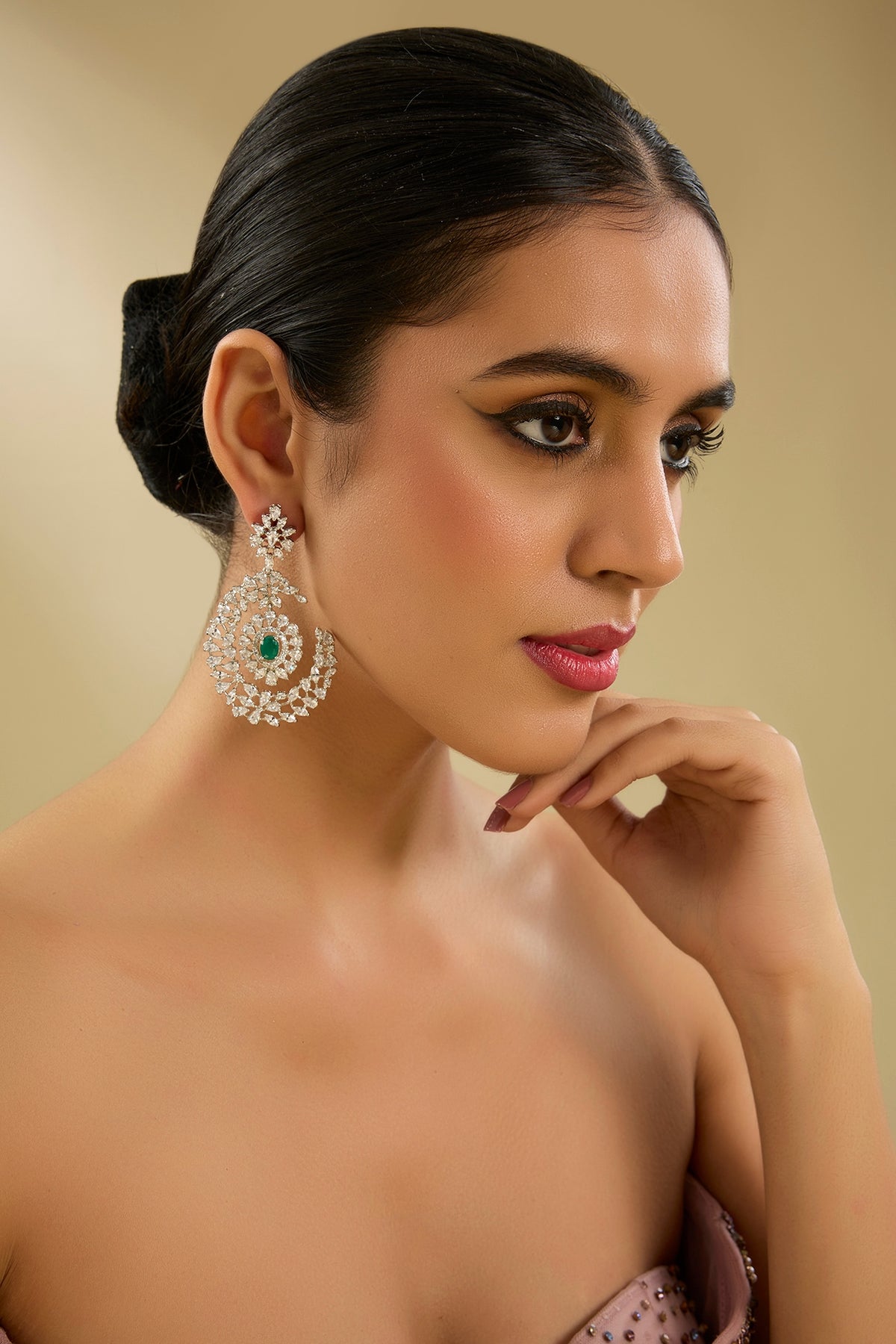 White Finish Diamond & Emerald Stone Dangler Earrings