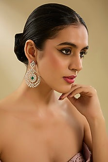 White Finish Diamond & Emerald Stone Dangler Earrings