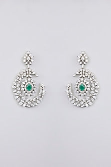 White Finish Diamond & Emerald Stone Dangler Earrings