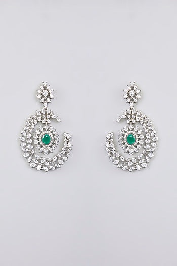 White Finish Diamond & Emerald Stone Dangler Earrings