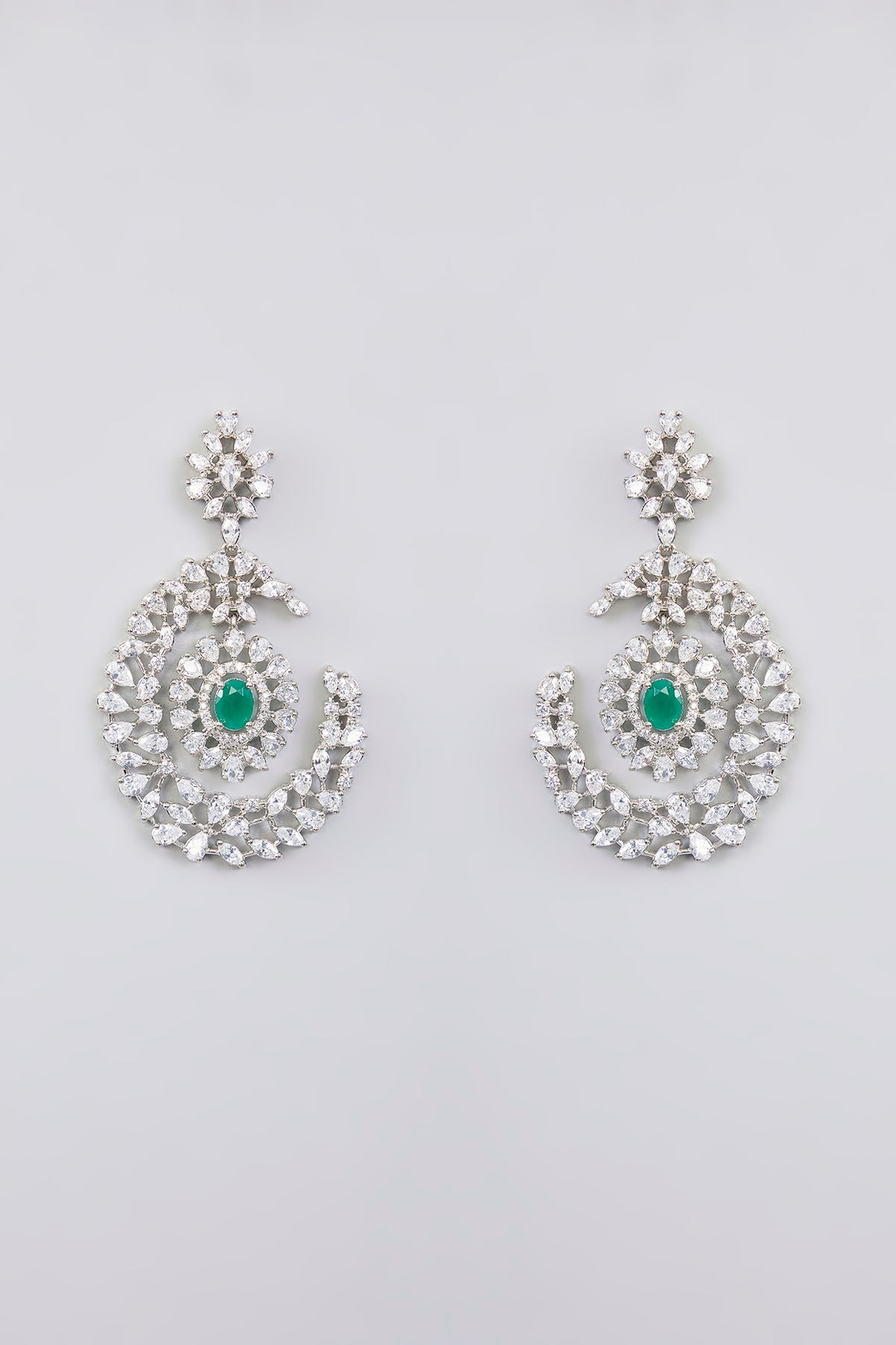 White Finish Diamond & Emerald Stone Dangler Earrings