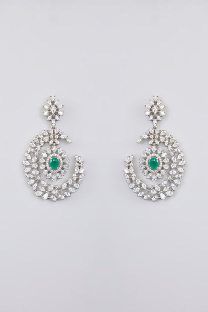 White Finish Diamond & Emerald Stone Dangler Earrings