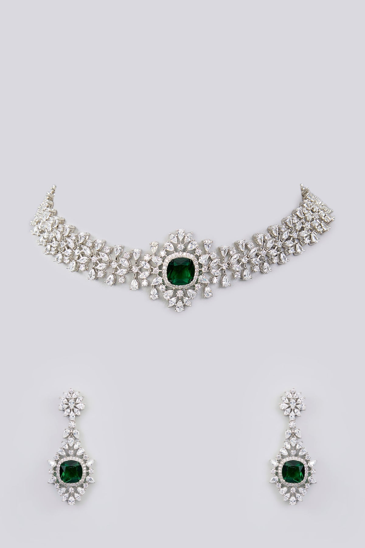 White Finish Diamond & Emerald Stone Choker Necklace Set