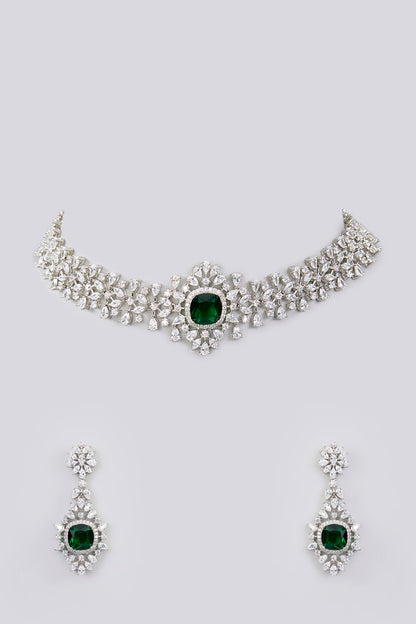 White Finish Diamond & Emerald Stone Choker Necklace Set