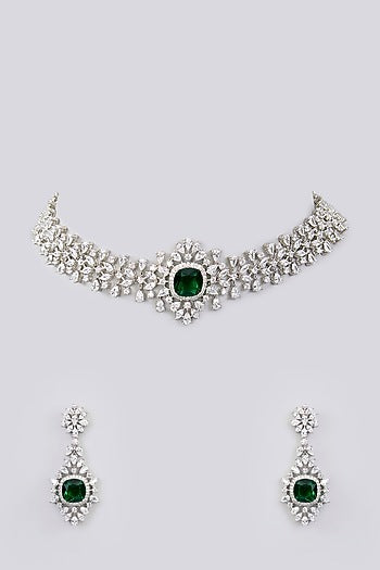 White Finish Diamond & Emerald Stone Choker Necklace Set