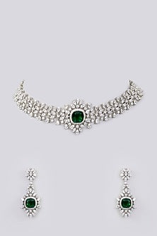White Finish Diamond & Emerald Stone Choker Necklace Set