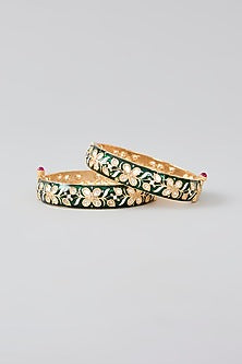 Gold Finish Kundan Polki Green Meenakari Openable Kadas (Set Of 2)