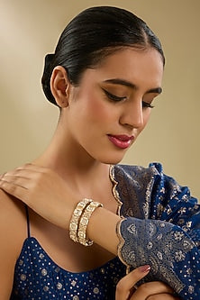 Gold Finish Kundan Polki & Pearl Openable Kadas (Set Of 2)