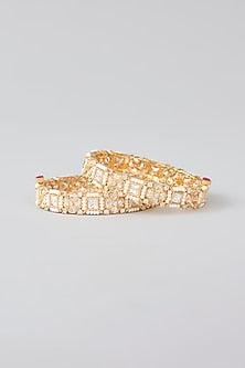 Gold Finish Kundan Polki & Pearl Openable Kadas (Set Of 2)