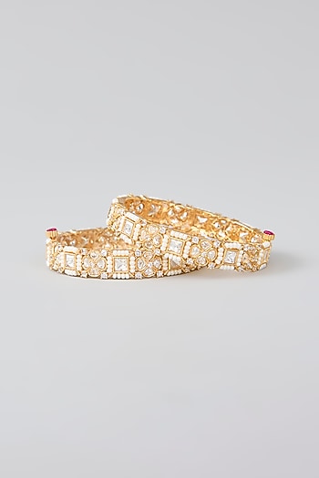 Gold Finish Kundan Polki & Pearl Openable Kadas (Set Of 2)