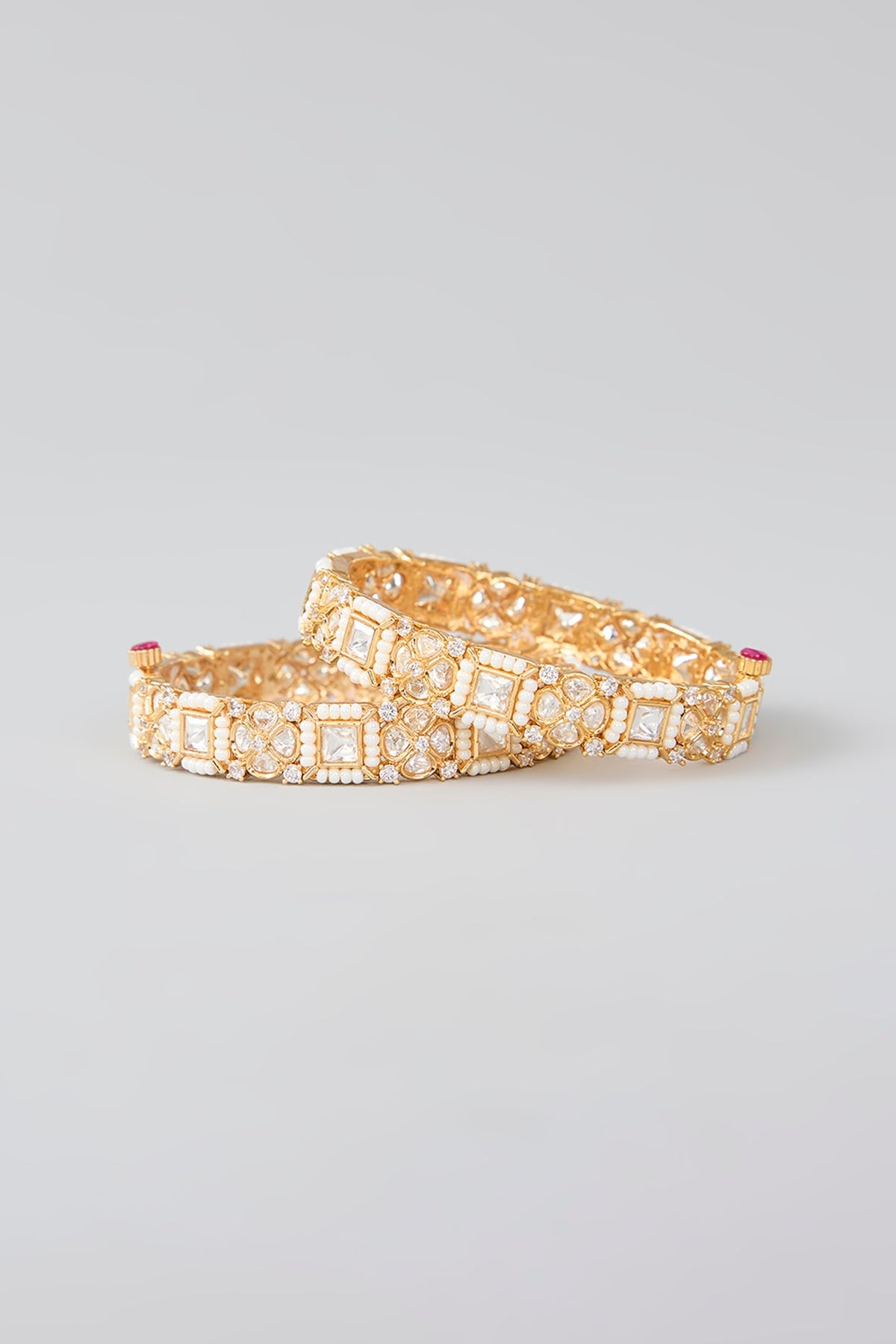 Gold Finish Kundan Polki & Pearl Openable Kadas (Set Of 2)