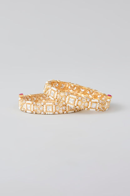 Gold Finish Kundan Polki & Pearl Openable Kadas (Set Of 2)