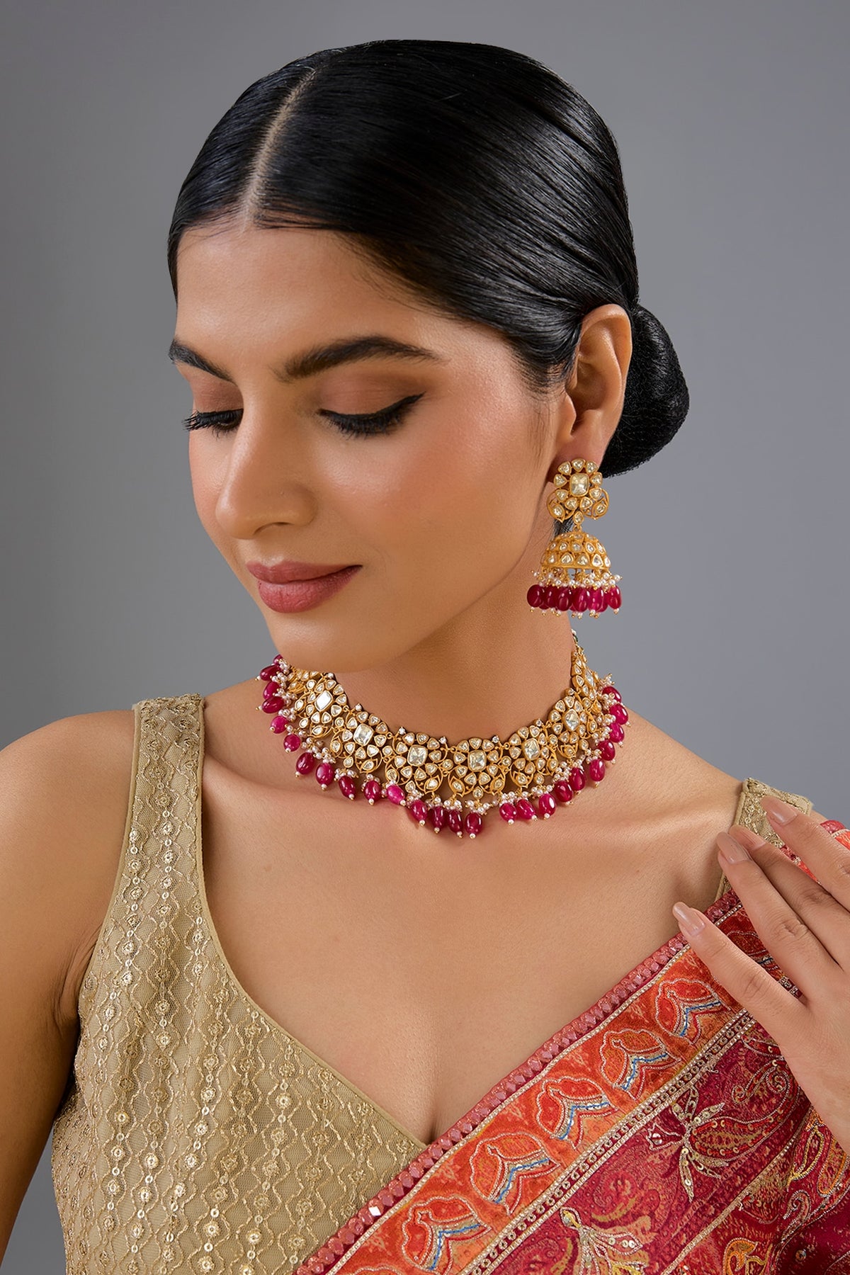 Gold Finish Moissanite & Red Pearl Necklace Set